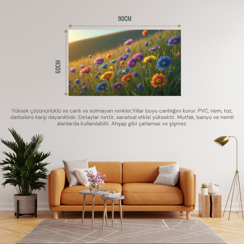 DOĞA VE MANZARA YATAY ÇAYIRDA RENGARENK KIR ÇİÇEKLERİ ÜZERİNDE ÇİYİ 02 ÇERÇEVESİZ 90X60CM PVC TABLO