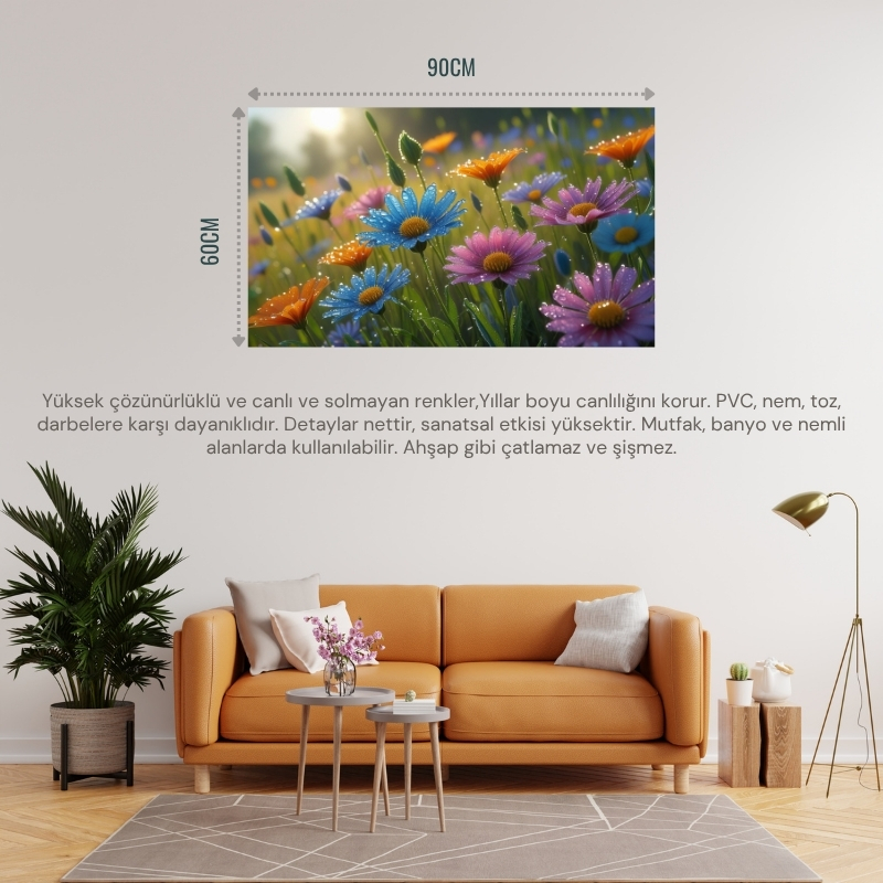 DOĞA VE MANZARA YATAY ÇAYIRDA RENGARENK KIR ÇİÇEKLERİ ÜZERİNDE ÇİYİ 03 ÇERÇEVESİZ 90X60CM PVC TABLO