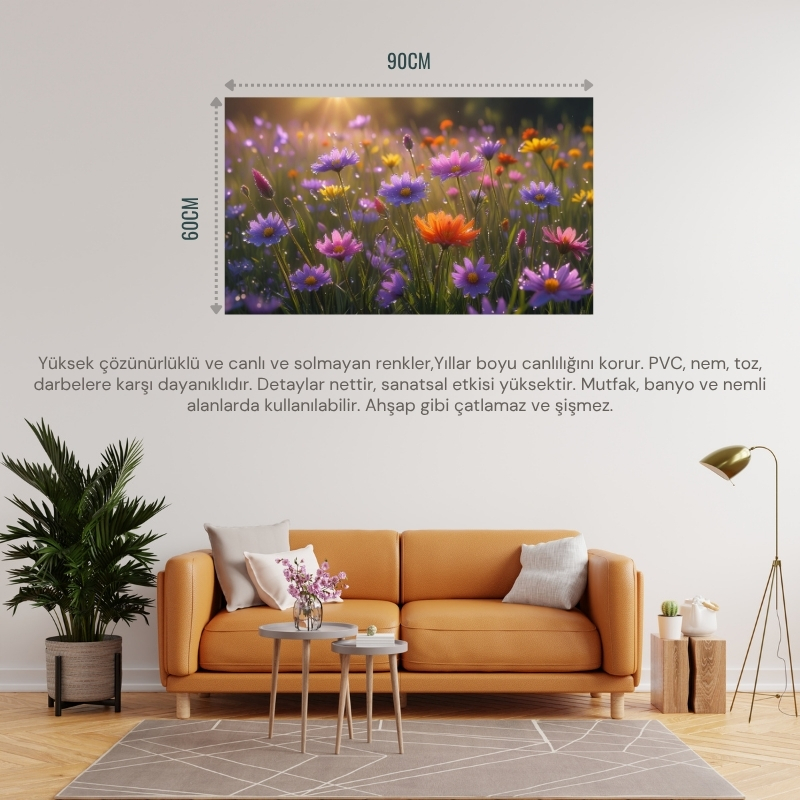 DOĞA VE MANZARA YATAY ÇAYIRDA RENGARENK KIR ÇİÇEKLERİ ÜZERİNDE ÇİYİ 04 ÇERÇEVESİZ 90X60CM PVC TABLO