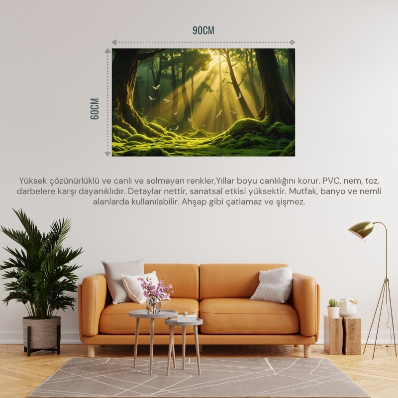 DOĞA VE MANZARA YATAY AĞAÇLAR GÜNEŞ IŞIKLARI DERİN ORMAN YEMYEŞİL YOSUN KAPLI ZEMİN UÇAN KUŞLAR 01 ÇERÇEVESİZ 90X60CM PVC TABLO