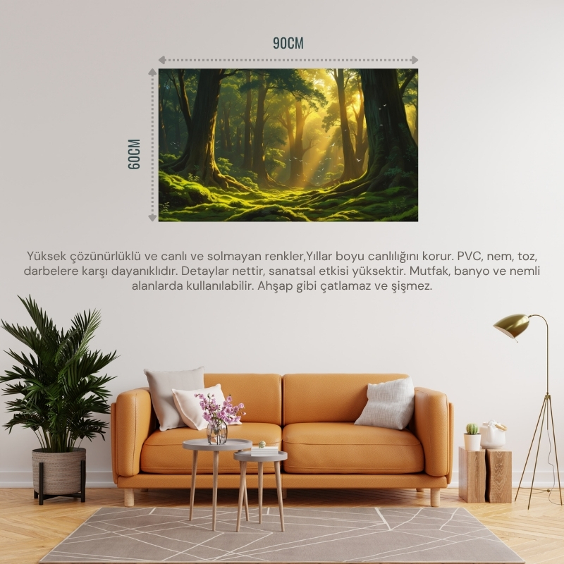 DOĞA VE MANZARA YATAY AĞAÇLAR GÜNEŞ IŞIKLARI DERİN ORMAN YEMYEŞİL YOSUN KAPLI ZEMİN UÇAN KUŞLAR 02 ÇERÇEVESİZ 90X60CM PVC TABLO
