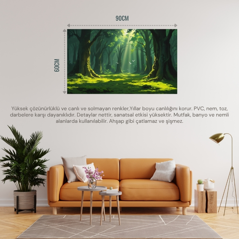 DOĞA VE MANZARA YATAY AĞAÇLAR GÜNEŞ IŞIKLARI DERİN ORMAN YEMYEŞİL YOSUN KAPLI ZEMİN UÇAN KUŞLAR 03 ÇERÇEVESİZ 90X60CM PVC TABLO