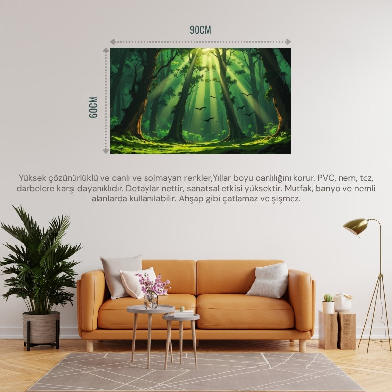 DOĞA VE MANZARA YATAY AĞAÇLAR GÜNEŞ IŞIKLARI DERİN ORMAN YEMYEŞİL YOSUN KAPLI ZEMİN UÇAN KUŞLAR 04 ÇERÇEVESİZ 90X60CM PVC TABLO