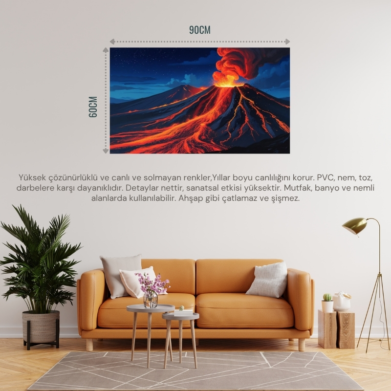 DOĞA VE MANZARA YATAY YILDIZLI GECEDE PARLAYAN LAVLARLA PATLAYAN YANARDAĞ 02 ÇERÇEVESİZ 90X60CM PVC TABLO