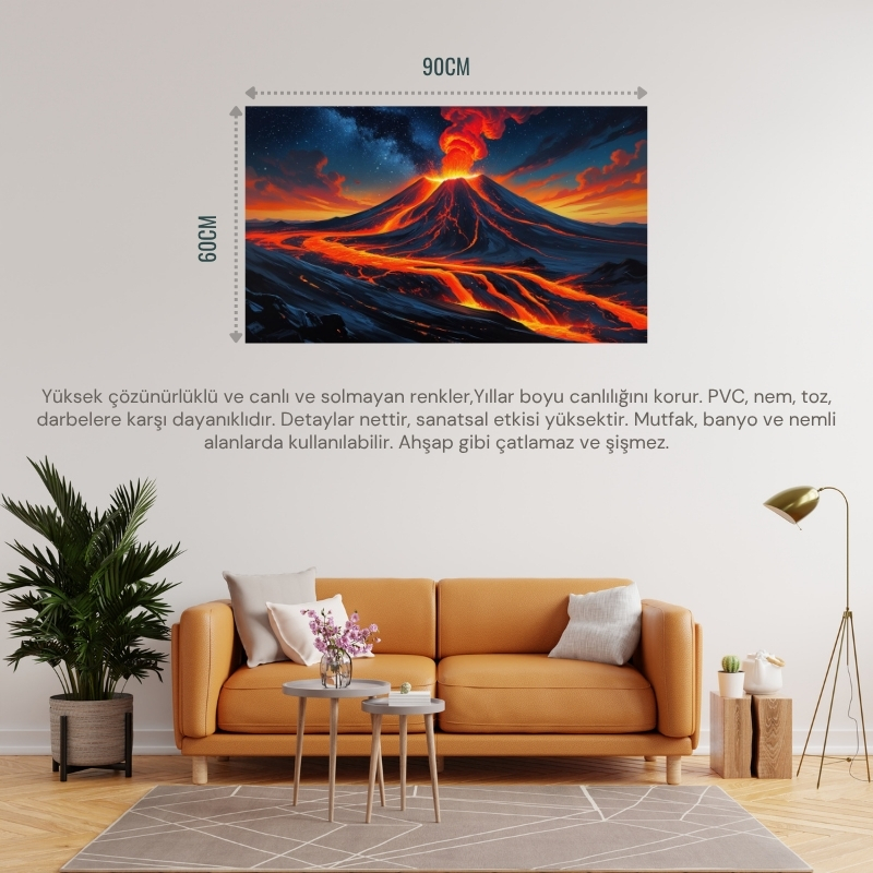 DOĞA VE MANZARA YATAY YILDIZLI GECEDE PARLAYAN LAVLARLA PATLAYAN YANARDAĞ 03 ÇERÇEVESİZ 90X60CM PVC TABLO