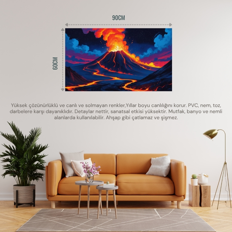 DOĞA VE MANZARA YATAY YILDIZLI GECEDE PARLAYAN LAVLARLA PATLAYAN YANARDAĞ 04 ÇERÇEVESİZ 90X60CM PVC TABLO