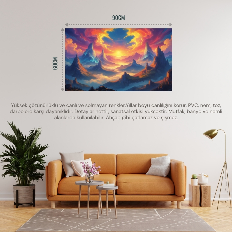 DOĞA VE MANZARA YATAY YÜZEN DAĞLAR GÖKYÜZÜNE DÜŞEN ŞELALELER RÜYA GİBİ ATMOSFER 01 ÇERÇEVESİZ 90X60CM PVC TABLO