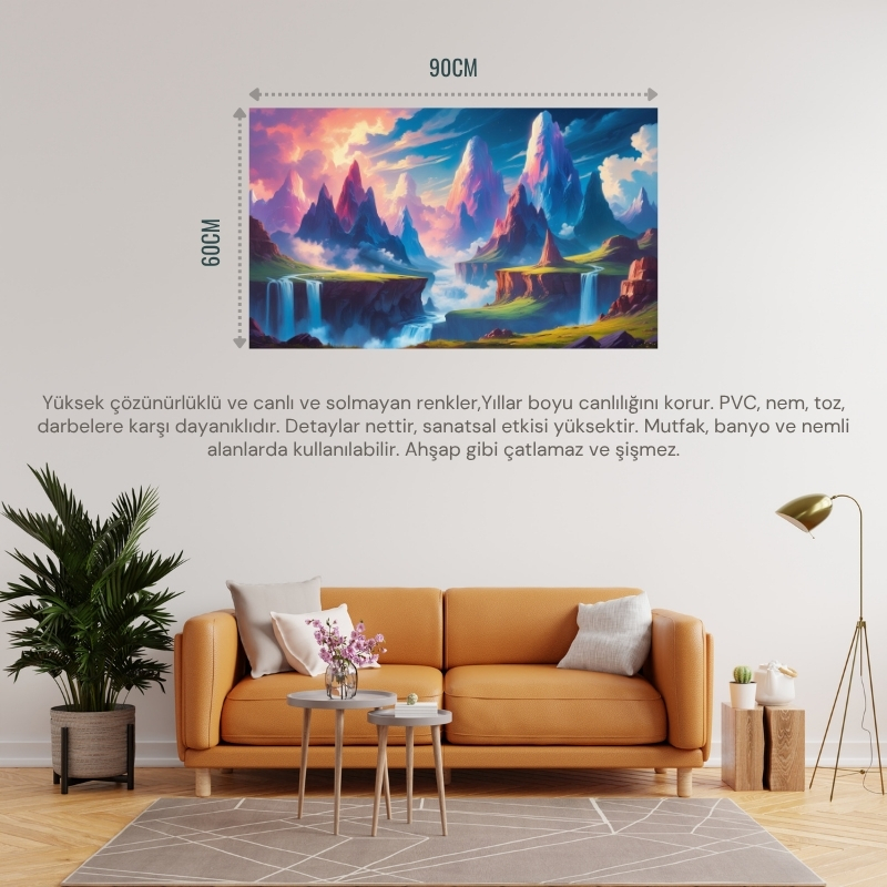 DOĞA VE MANZARA YATAY YÜZEN DAĞLAR GÖKYÜZÜNE DÜŞEN ŞELALELER RÜYA GİBİ ATMOSFER 02 ÇERÇEVESİZ 90X60CM PVC TABLO