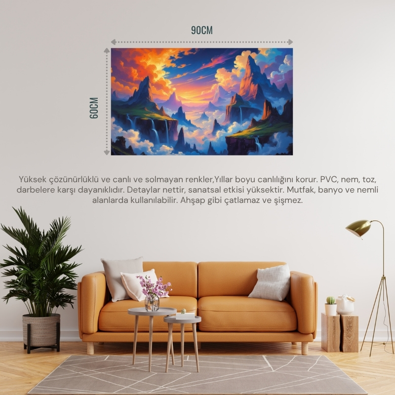 DOĞA VE MANZARA YATAY YÜZEN DAĞLAR GÖKYÜZÜNE DÜŞEN ŞELALELER RÜYA GİBİ ATMOSFER 03 ÇERÇEVESİZ 90X60CM PVC TABLO