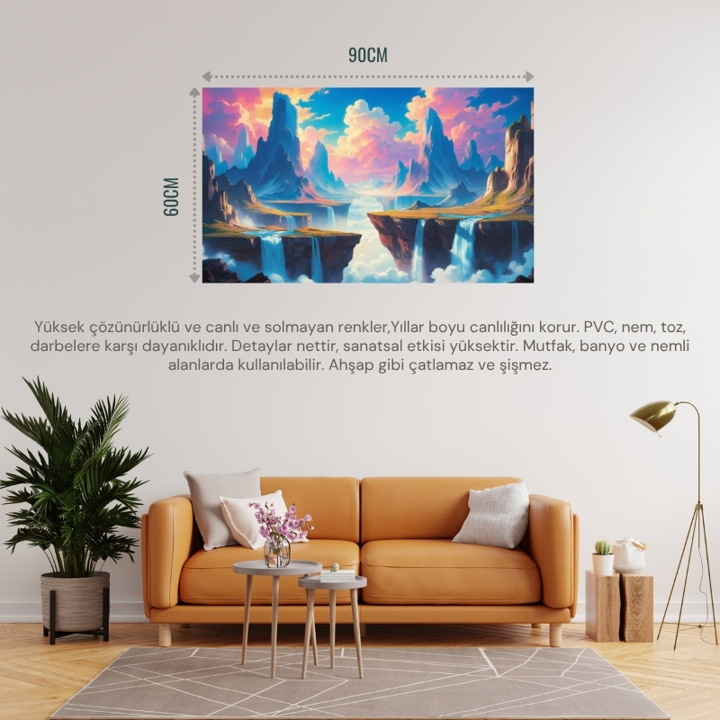 DOĞA VE MANZARA YATAY YÜZEN DAĞLAR GÖKYÜZÜNE DÜŞEN ŞELALELER RÜYA GİBİ ATMOSFER 04 ÇERÇEVESİZ 90X60CM PVC TABLO