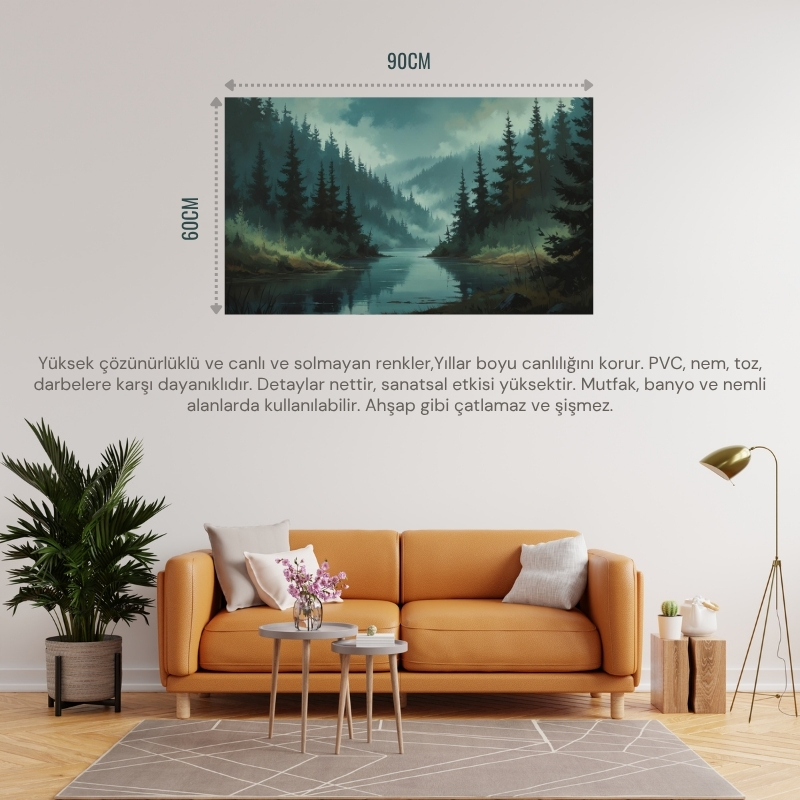DOĞA VE MANZARA YATAY YOĞUN AĞAÇLAR VE GİZLİ GÖL, SİSLİ VADİ, GİZEMLİ RUH HALİ SOLUK RENKLER 01 ÇERÇEVESİZ 90X60CM PVC TABLO