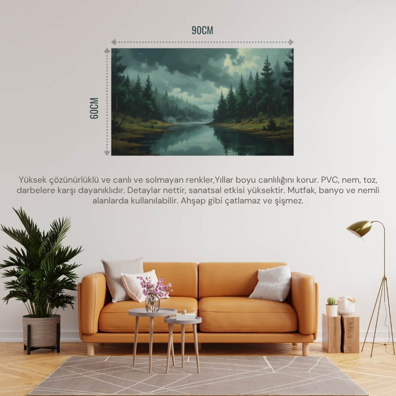 DOĞA VE MANZARA YATAY YOĞUN AĞAÇLAR VE GİZLİ GÖL, SİSLİ VADİ, GİZEMLİ RUH HALİ SOLUK RENKLER 02 ÇERÇEVESİZ 90X60CM PVC TABLO
