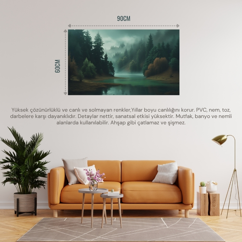 DOĞA VE MANZARA YATAY YOĞUN AĞAÇLAR VE GİZLİ GÖL, SİSLİ VADİ, GİZEMLİ RUH HALİ SOLUK RENKLER 03 ÇERÇEVESİZ 90X60CM PVC TABLO