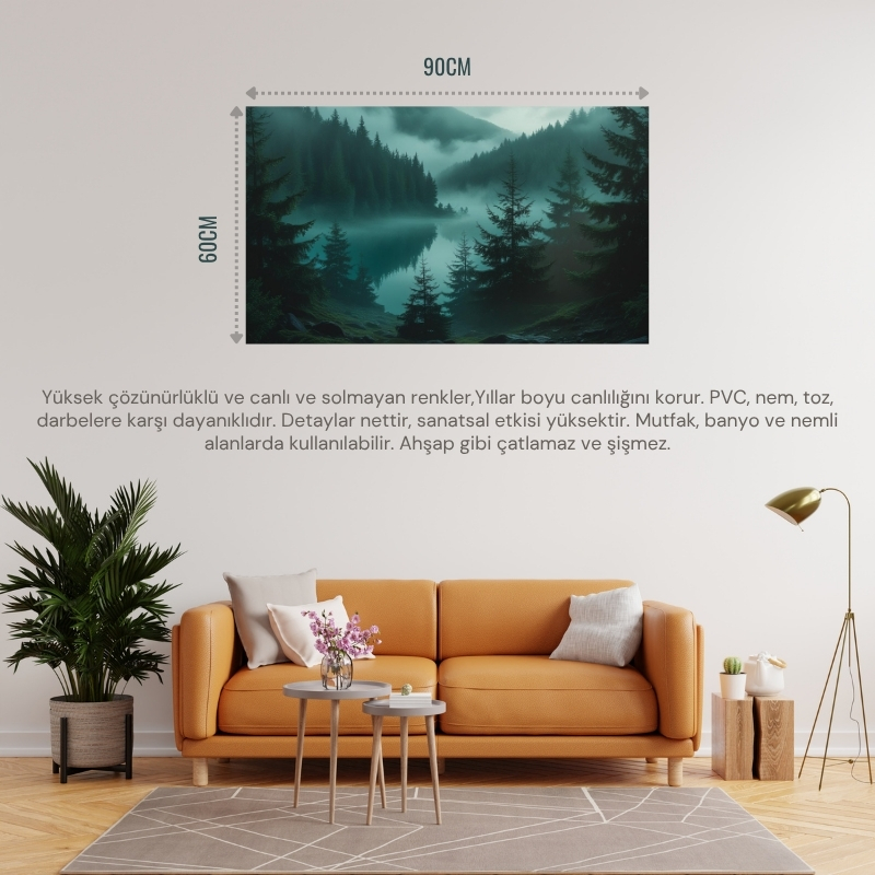 DOĞA VE MANZARA YATAY YOĞUN AĞAÇLAR VE GİZLİ GÖL, SİSLİ VADİ, GİZEMLİ RUH HALİ SOLUK RENKLER 04 ÇERÇEVESİZ 90X60CM PVC TABLO