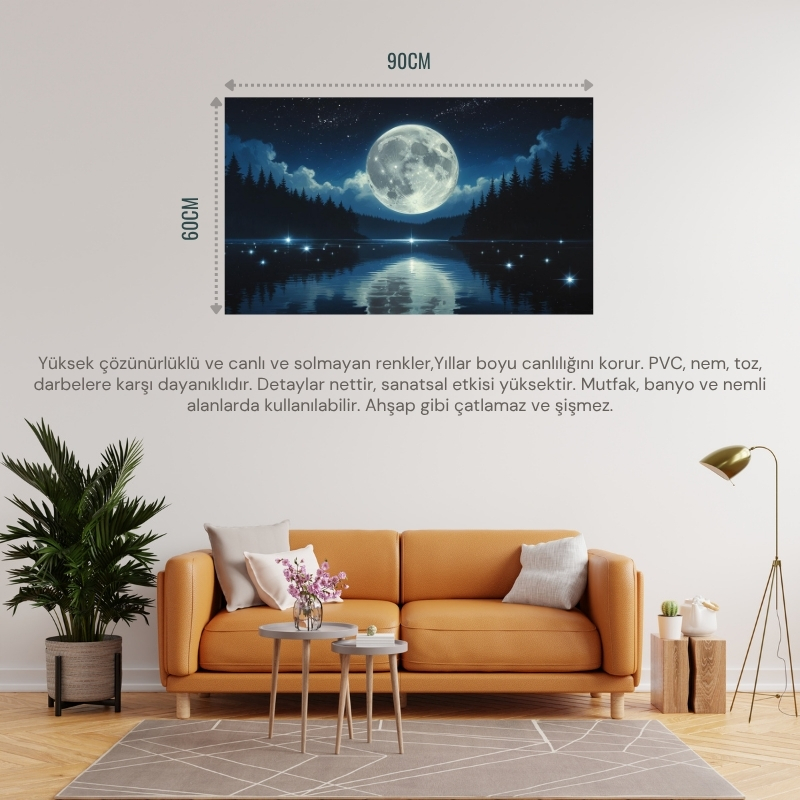 DOĞA VE MANZARA YATAY SAKİN BİR GÖLÜN ÜZERİNDE PARLAYAN DOLUNAY SUDA YANSIYAN YILDIZLAR 01 ÇERÇEVESİZ 90X60CM PVC TABLO