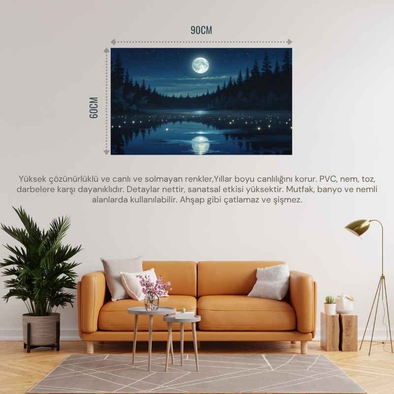 DOĞA VE MANZARA YATAY SAKİN BİR GÖLÜN ÜZERİNDE PARLAYAN DOLUNAY SUDA YANSIYAN YILDIZLAR 02 ÇERÇEVESİZ 90X60CM PVC TABLO