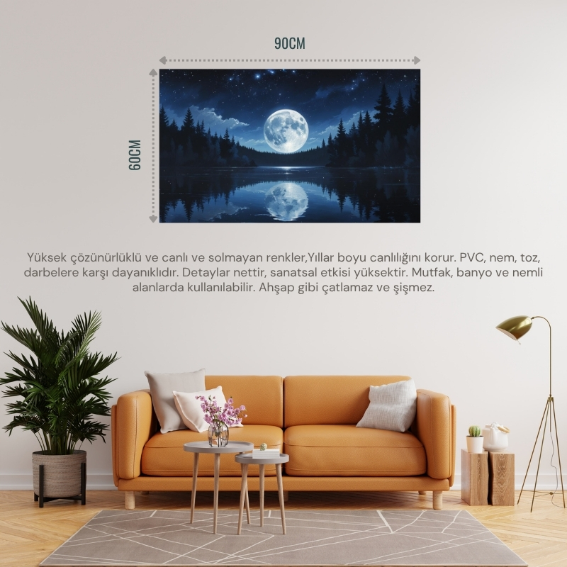 DOĞA VE MANZARA YATAY SAKİN BİR GÖLÜN ÜZERİNDE PARLAYAN DOLUNAY SUDA YANSIYAN YILDIZLAR 03 ÇERÇEVESİZ 90X60CM PVC TABLO