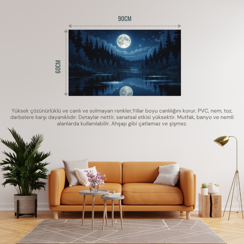DOĞA VE MANZARA YATAY SAKİN BİR GÖLÜN ÜZERİNDE PARLAYAN DOLUNAY SUDA YANSIYAN YILDIZLAR 04 ÇERÇEVESİZ 90X60CM PVC TABLO
