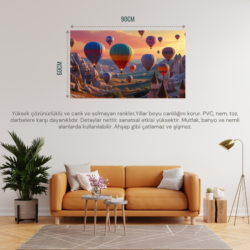 DOĞA VE MANZARA YATAY KAPADOKYADA GÜN DOĞUMUNDA PERİ BACALARININ ÜZERİNDE BALONLAR 01 ÇERÇEVESİZ 90X60CM PVC TABLO
