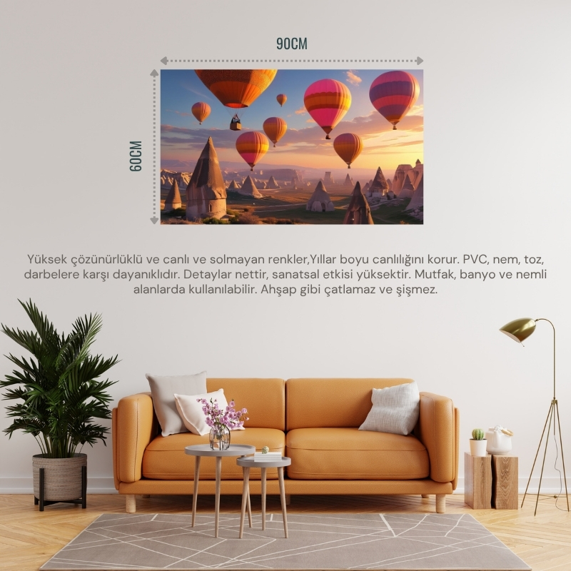 DOĞA VE MANZARA YATAY KAPADOKYADA GÜN DOĞUMUNDA PERİ BACALARININ ÜZERİNDE BALONLAR 02 ÇERÇEVESİZ 90X60CM PVC TABLO