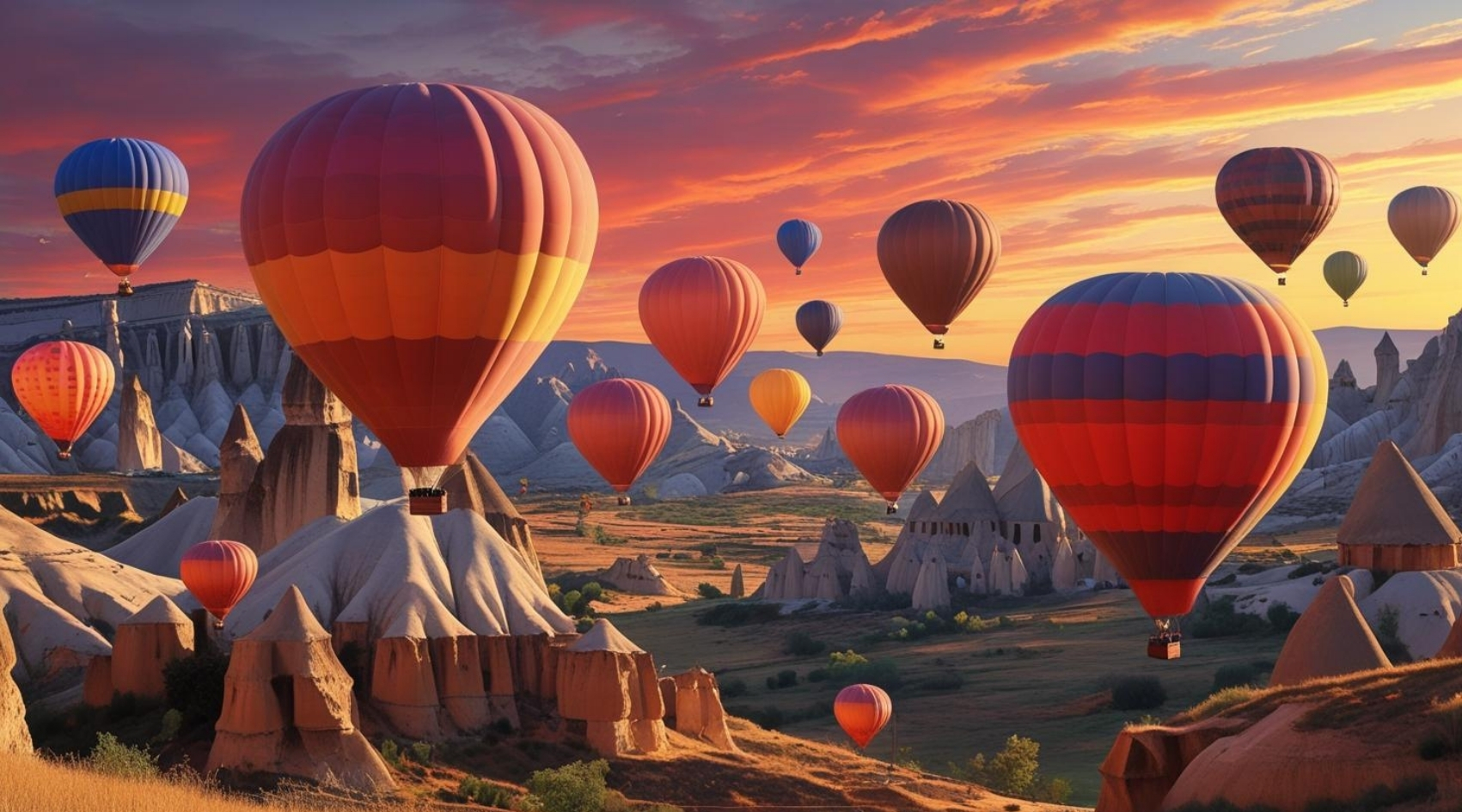 DOĞA VE MANZARA YATAY KAPADOKYADA GÜN DOĞUMUNDA PERİ BACALARININ ÜZERİNDE BALONLAR 03 ÇERÇEVESİZ 90X60CM PVC TABLO
