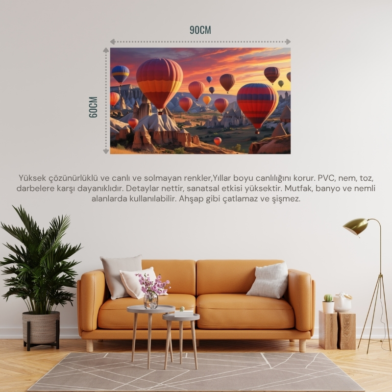 DOĞA VE MANZARA YATAY KAPADOKYADA GÜN DOĞUMUNDA PERİ BACALARININ ÜZERİNDE BALONLAR 03 ÇERÇEVESİZ 90X60CM PVC TABLO