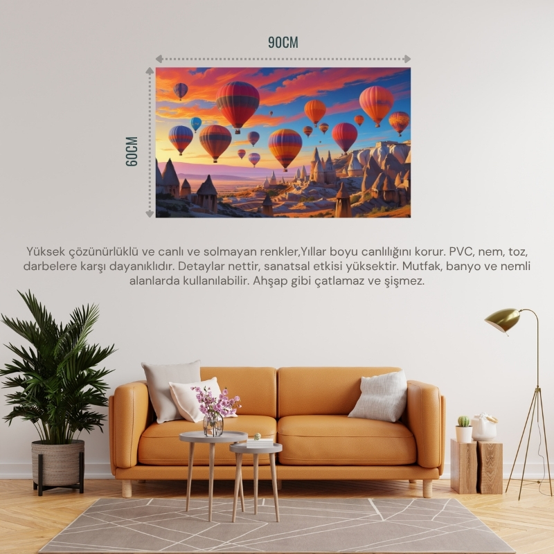 DOĞA VE MANZARA YATAY KAPADOKYADA GÜN DOĞUMUNDA PERİ BACALARININ ÜZERİNDE BALONLAR 04 ÇERÇEVESİZ 90X60CM PVC TABLO