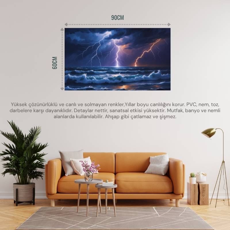 DOĞA VE MANZARA YATAY OKYANUS ÜZERİNDEKİ ŞİMŞEK FIRTINASI 01 ÇERÇEVESİZ 90X60CM PVC TABLO