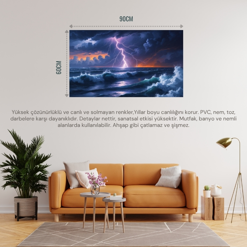 DOĞA VE MANZARA YATAY OKYANUS ÜZERİNDEKİ ŞİMŞEK FIRTINASI 02 ÇERÇEVESİZ 90X60CM PVC TABLO