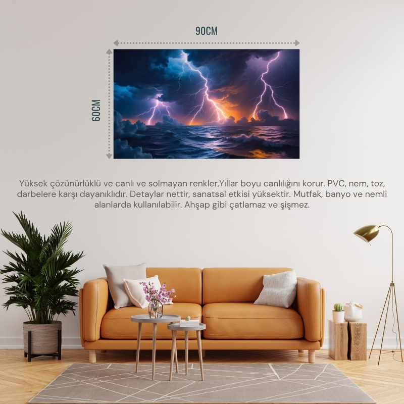 DOĞA VE MANZARA YATAY OKYANUS ÜZERİNDEKİ ŞİMŞEK FIRTINASI 03 ÇERÇEVESİZ 90X60CM PVC TABLO