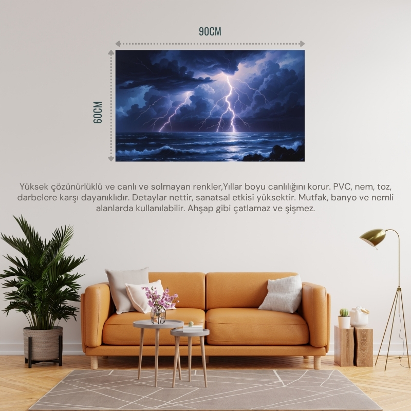 DOĞA VE MANZARA YATAY OKYANUS ÜZERİNDEKİ ŞİMŞEK FIRTINASI 04 ÇERÇEVESİZ 90X60CM PVC TABLO