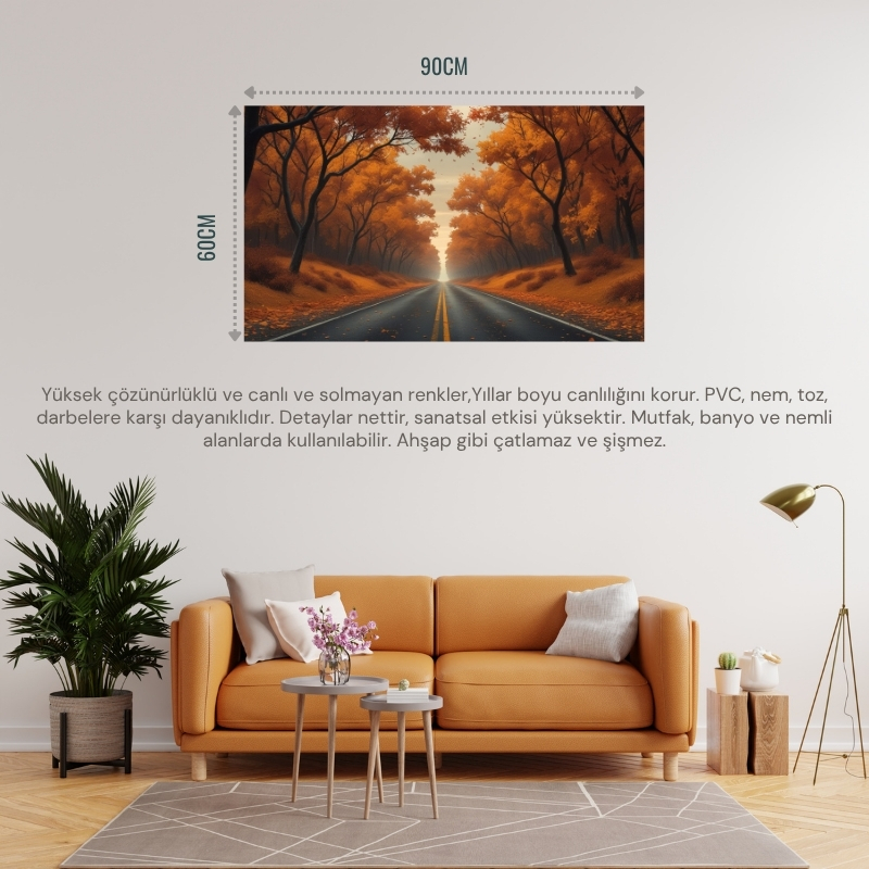 DOĞA VE MANZARA YATAY SONBAHAR AĞAÇLARININ ARASINDA UFKA DOĞRU UZANAN YALNIZ YOL 01 ÇERÇEVESİZ 90X60CM PVC TABLO