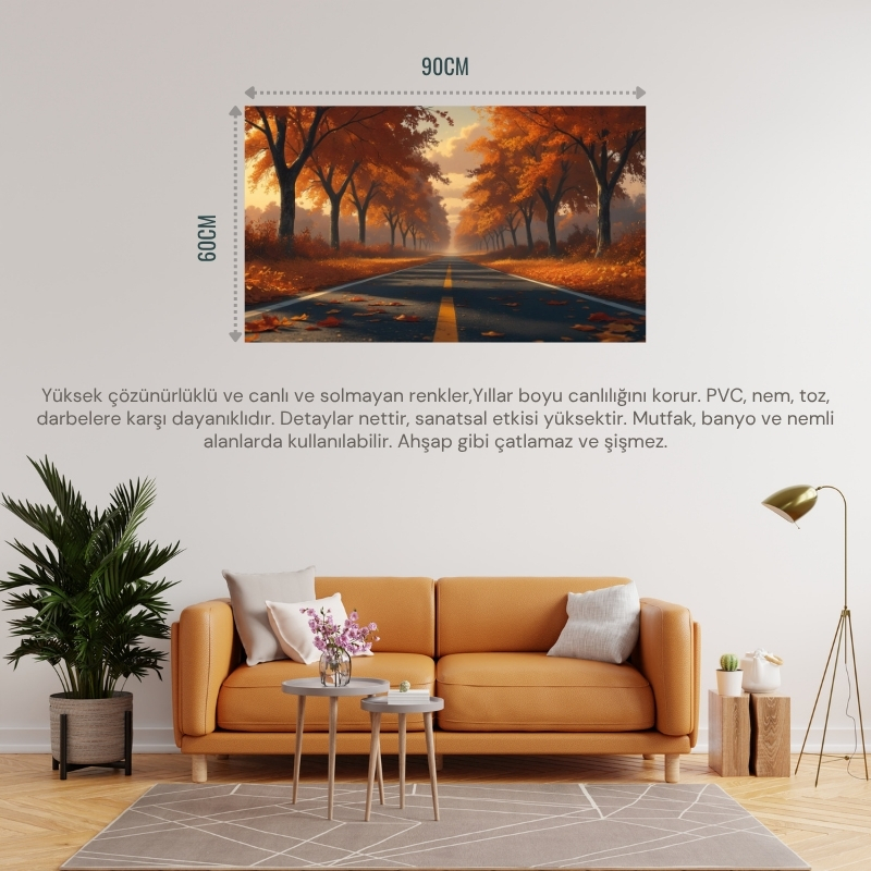 DOĞA VE MANZARA YATAY SONBAHAR AĞAÇLARININ ARASINDA UFKA DOĞRU UZANAN YALNIZ YOL 02 ÇERÇEVESİZ 90X60CM PVC TABLO