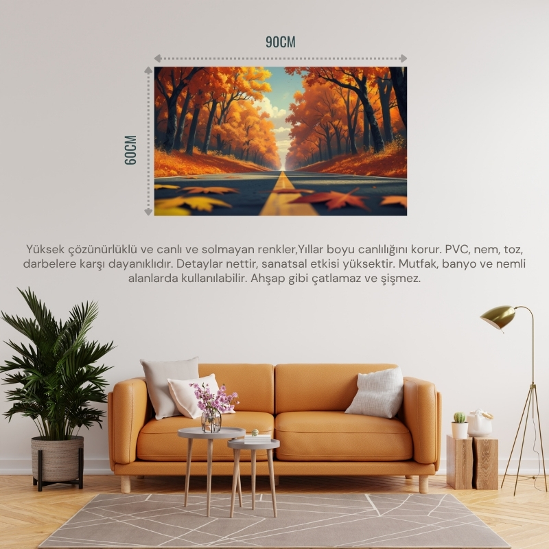 DOĞA VE MANZARA YATAY SONBAHAR AĞAÇLARININ ARASINDA UFKA DOĞRU UZANAN YALNIZ YOL 03 ÇERÇEVESİZ 90X60CM PVC TABLO