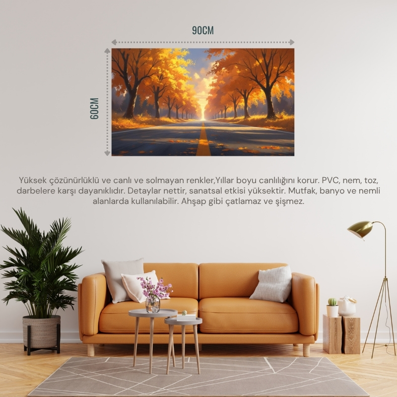DOĞA VE MANZARA YATAY SONBAHAR AĞAÇLARININ ARASINDA UFKA DOĞRU UZANAN YALNIZ YOL 04 ÇERÇEVESİZ 90X60CM PVC TABLO