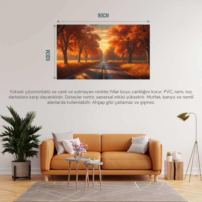 DOĞA VE MANZARA YATAY SONBAHAR AĞAÇLARININ ARASINDA UFKA DOĞRU UZANAN YALNIZ YOL 05 ÇERÇEVESİZ 90X60CM PVC TABLO