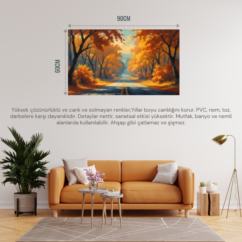 DOĞA VE MANZARA YATAY SONBAHAR AĞAÇLARININ ARASINDA UFKA DOĞRU UZANAN YALNIZ YOL 07 ÇERÇEVESİZ 90X60CM PVC TABLO