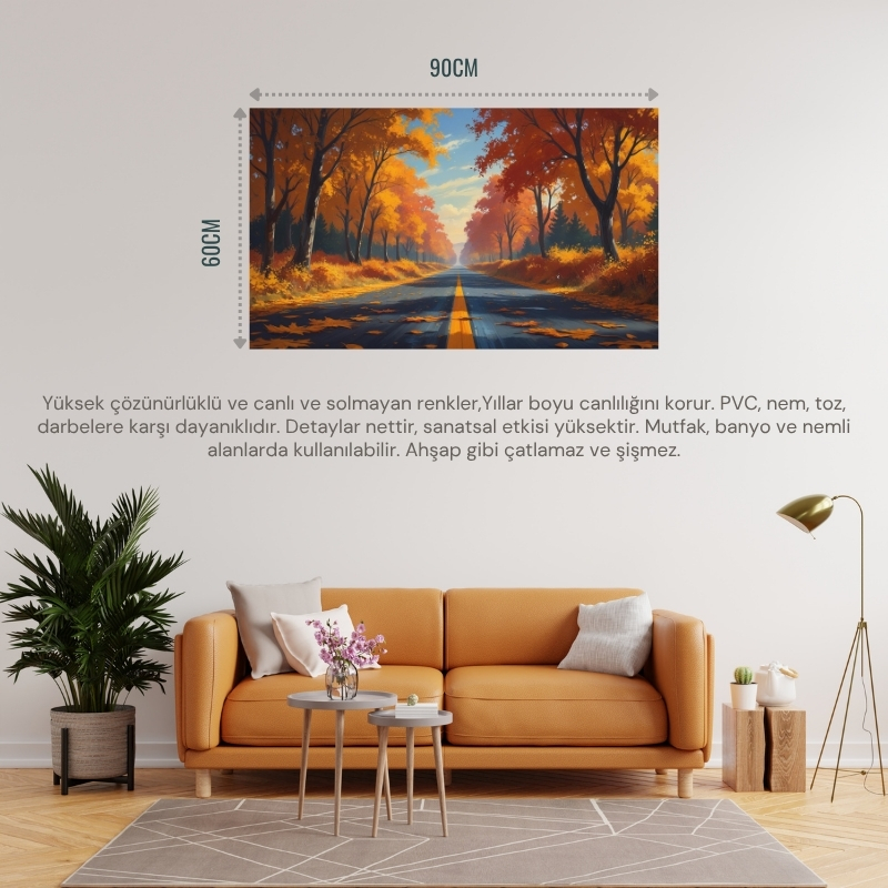 DOĞA VE MANZARA YATAY SONBAHAR AĞAÇLARININ ARASINDA UFKA DOĞRU UZANAN YALNIZ YOL 08 ÇERÇEVESİZ 90X60CM PVC TABLO