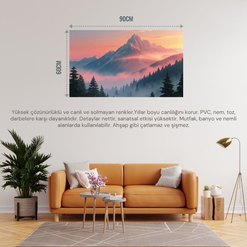 DOĞA VE MANZARA YATAY GÜN DOĞUMUNDA GÖRKEMLİ DAĞ MANZARASI 01 ÇERÇEVESİZ 90X60CM PVC TABLO