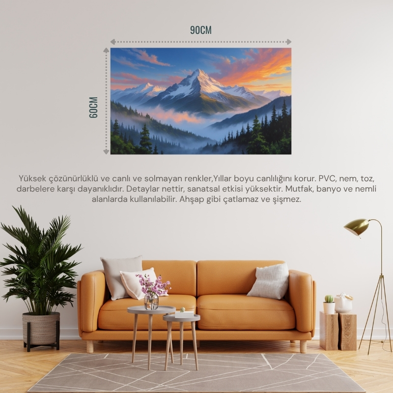 DOĞA VE MANZARA YATAY GÜN DOĞUMUNDA GÖRKEMLİ DAĞ MANZARASI 04 ÇERÇEVESİZ 90X60CM PVC TABLO