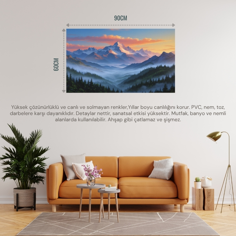 DOĞA VE MANZARA YATAY GÜN DOĞUMUNDA GÖRKEMLİ DAĞ MANZARASI 05 ÇERÇEVESİZ 90X60CM PVC TABLO