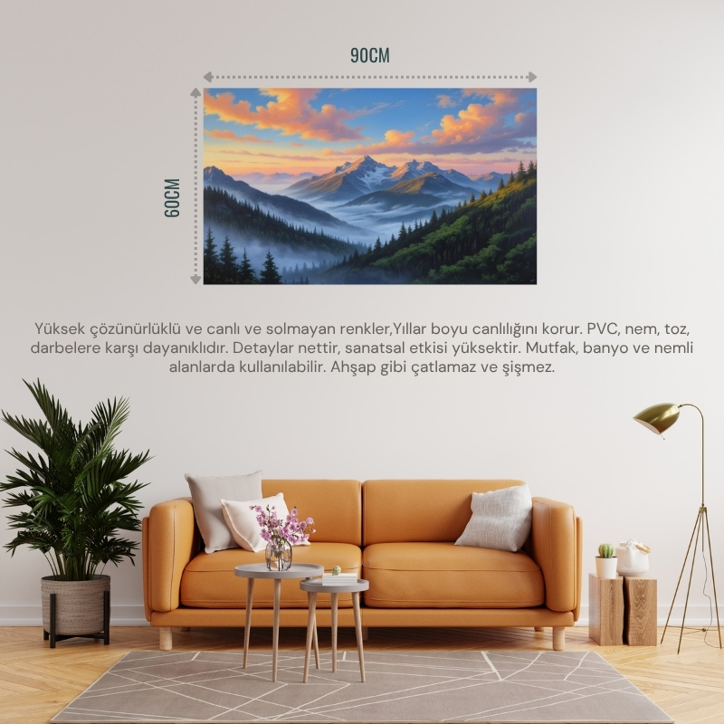 DOĞA VE MANZARA YATAY GÜN DOĞUMUNDA GÖRKEMLİ DAĞ MANZARASI 06 ÇERÇEVESİZ 90X60CM PVC TABLO