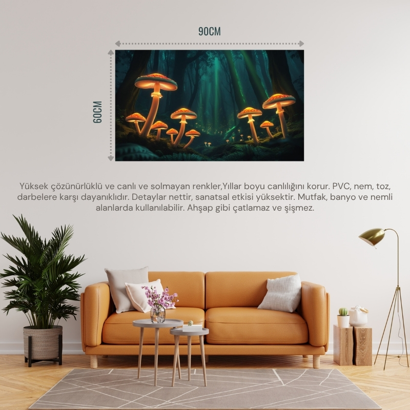 DOĞA VE MANZARA YATAY PARLAYAN MANTARLAR VE BÜYÜLÜ IŞIK HUZMELERİ MİSTİK ORMAN 01 ÇERÇEVESİZ 90X60CM PVC TABLO
