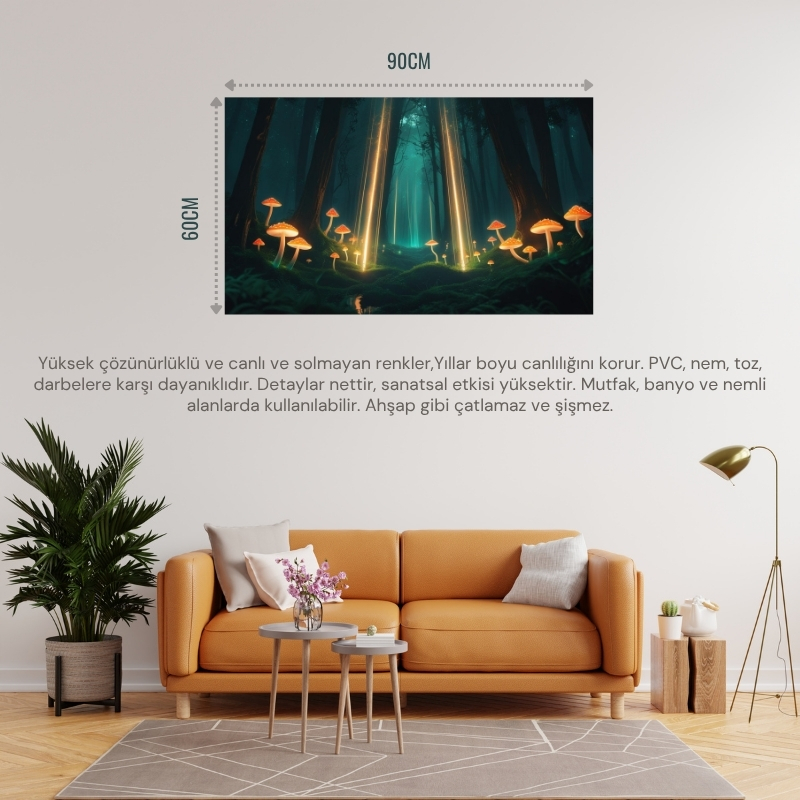DOĞA VE MANZARA YATAY PARLAYAN MANTARLAR VE BÜYÜLÜ IŞIK HUZMELERİ MİSTİK ORMAN 02 ÇERÇEVESİZ 90X60CM PVC TABLO