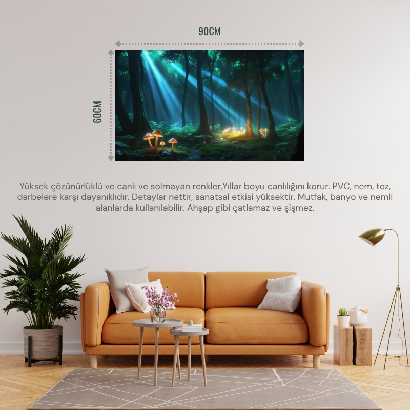 DOĞA VE MANZARA YATAY PARLAYAN MANTARLAR VE BÜYÜLÜ IŞIK HUZMELERİ MİSTİK ORMAN 03 ÇERÇEVESİZ 90X60CM PVC TABLO