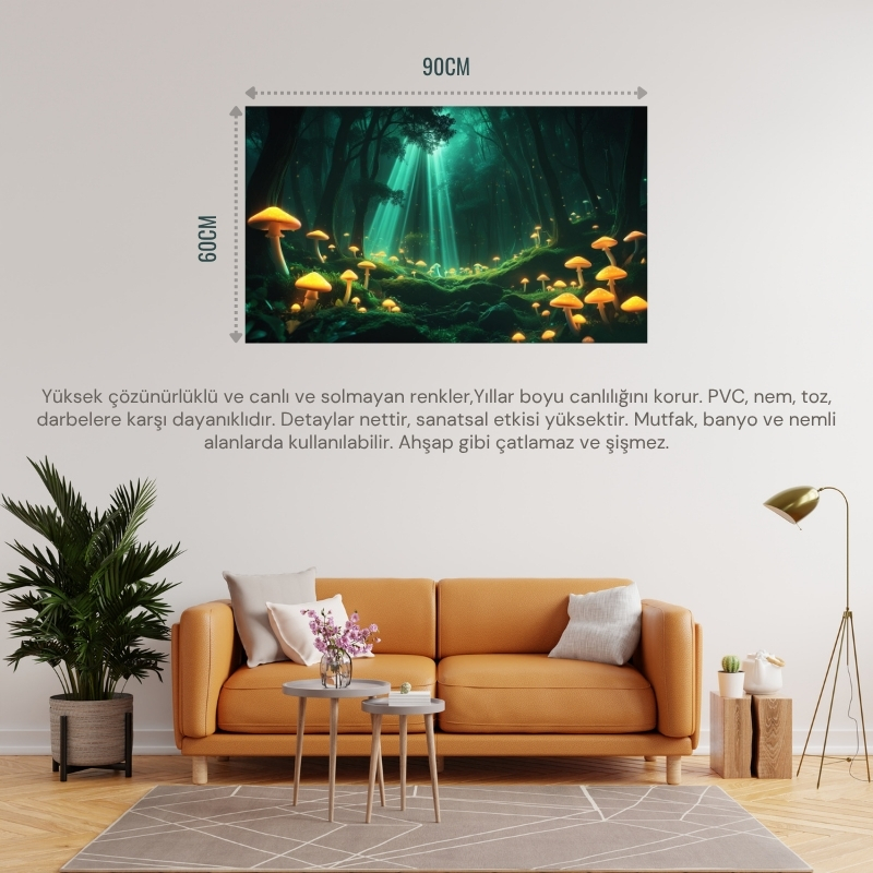 DOĞA VE MANZARA YATAY PARLAYAN MANTARLAR VE BÜYÜLÜ IŞIK HUZMELERİ MİSTİK ORMAN 04 ÇERÇEVESİZ 90X60CM PVC TABLO