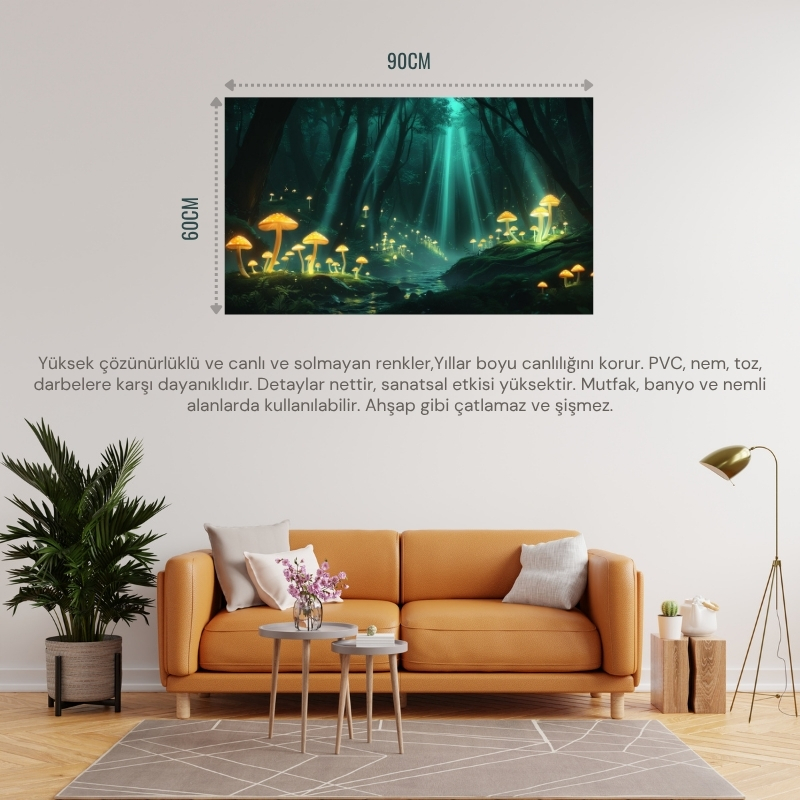 DOĞA VE MANZARA YATAY PARLAYAN MANTARLAR VE BÜYÜLÜ IŞIK HUZMELERİ MİSTİK ORMAN 05 ÇERÇEVESİZ 90X60CM PVC TABLO