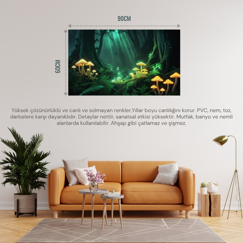 DOĞA VE MANZARA YATAY PARLAYAN MANTARLAR VE BÜYÜLÜ IŞIK HUZMELERİ MİSTİK ORMAN 06 ÇERÇEVESİZ 90X60CM PVC TABLO