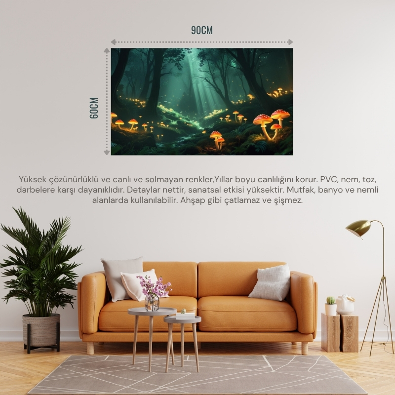 DOĞA VE MANZARA YATAY PARLAYAN MANTARLAR VE BÜYÜLÜ IŞIK HUZMELERİ MİSTİK ORMAN 07 ÇERÇEVESİZ 90X60CM PVC TABLO