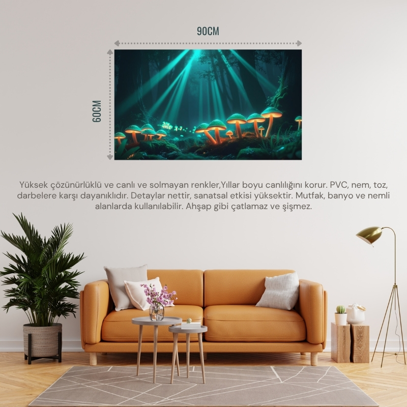 DOĞA VE MANZARA YATAY PARLAYAN MANTARLAR VE BÜYÜLÜ IŞIK HUZMELERİ MİSTİK ORMAN 08 ÇERÇEVESİZ 90X60CM PVC TABLO
